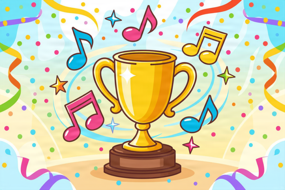 Celebratory graphic for AMTA Association of the Year award with musical notes and confetti
